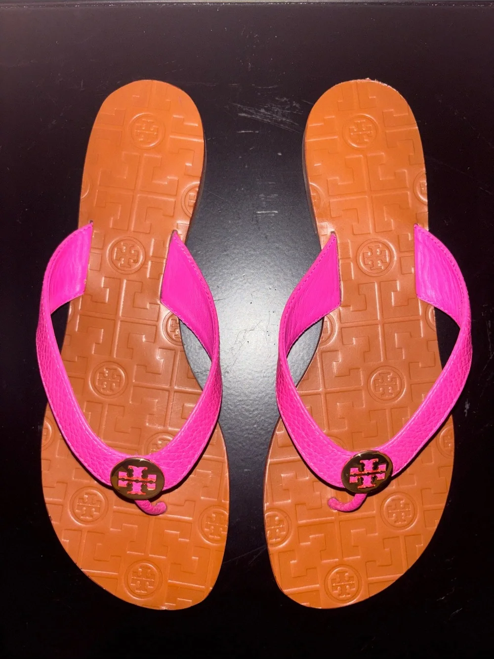Tory Burch Thora Tumbled Leather/Metal Logo Thong Sandals- Hibiscus Flower/Gol